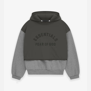 ESSENTIALS NYLON FLEECE HOODED SWEATER - DARK HEATHER OATMEAL / INK